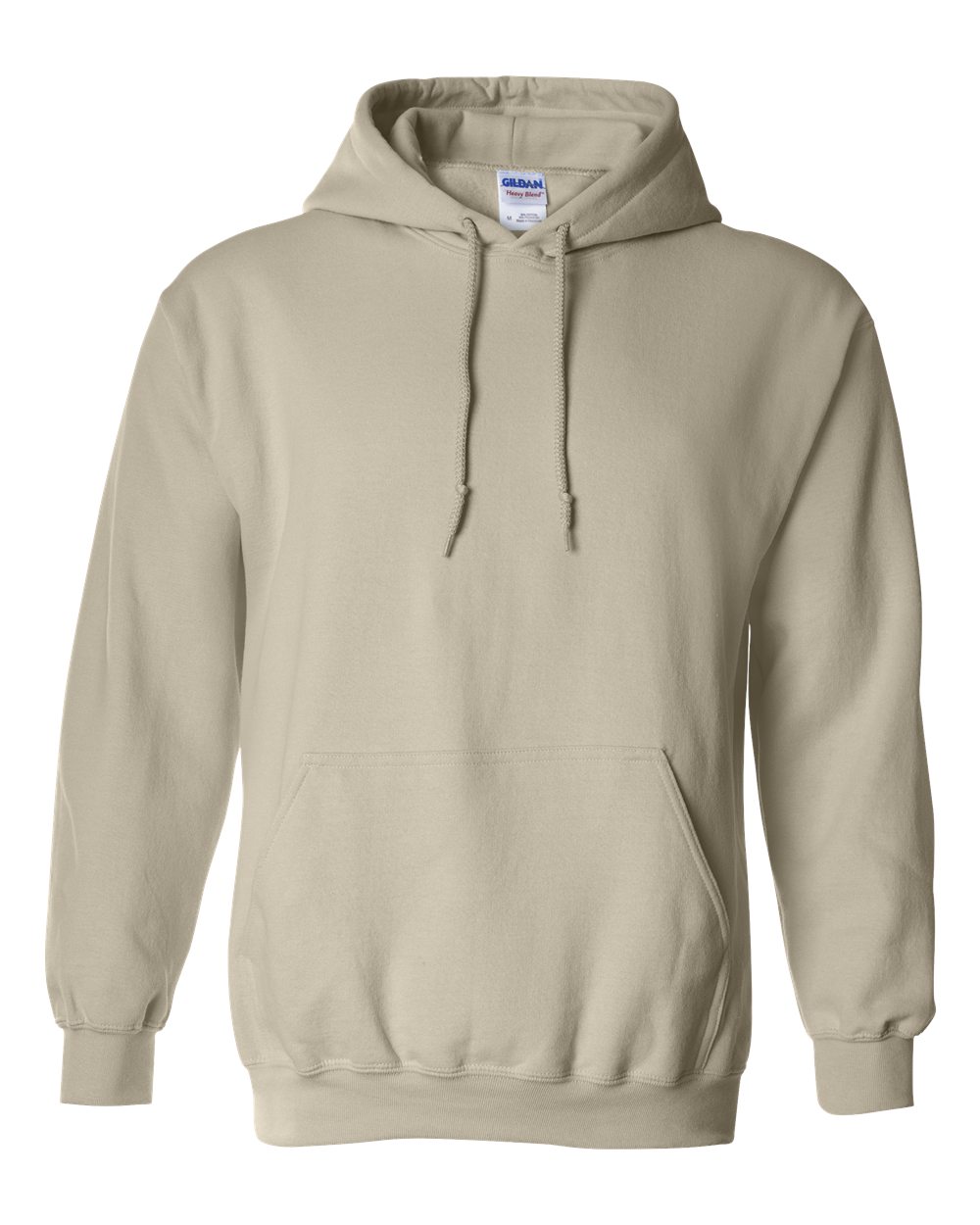 Custom Gildan 18500 Heavy Blend hooded sweatshirt in Sand, front view, ready for personalized printing