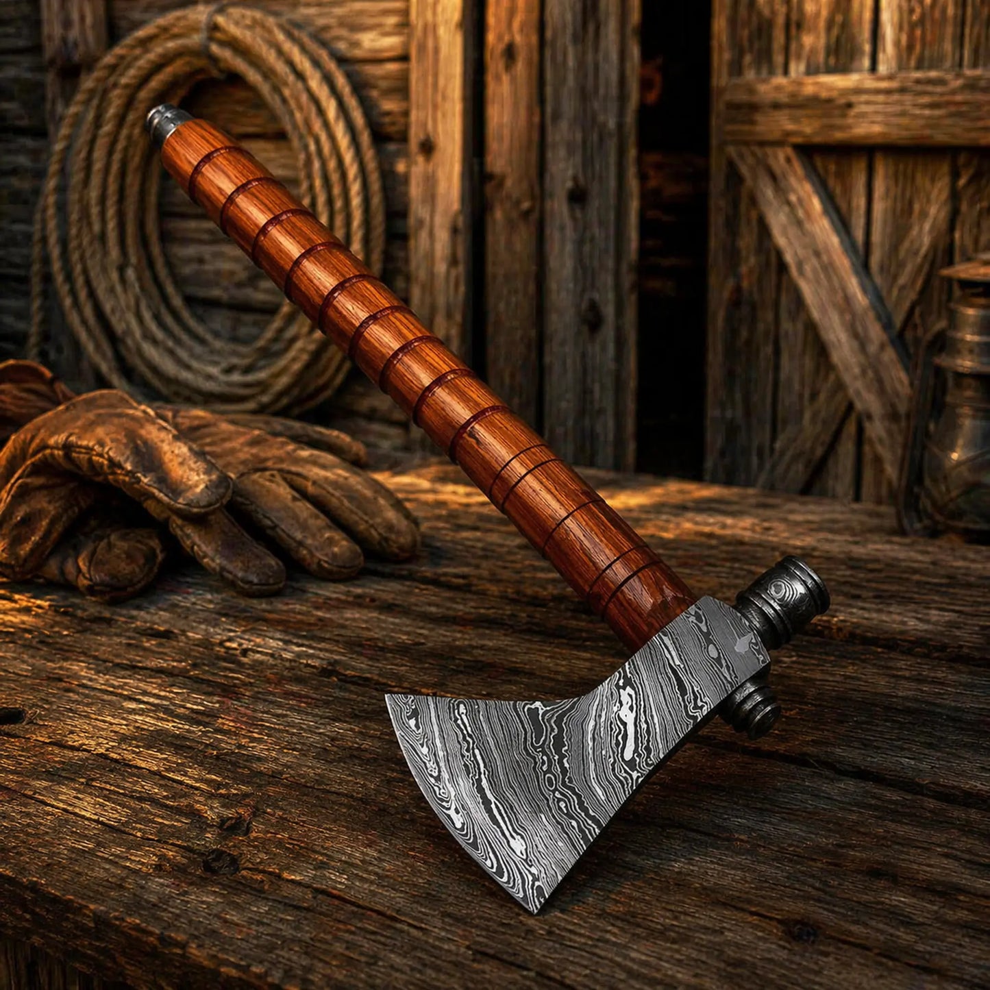 Custom Hand Forged Damascus Steel Smoking Pipe Tomahawk Axe – 18” Handmade Hatchet with Wooden Handle & Leather Sheath