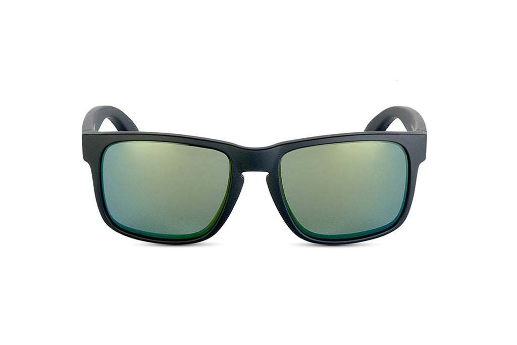 Decoy sunglasses in matte black with blue gun lens, in-hand view