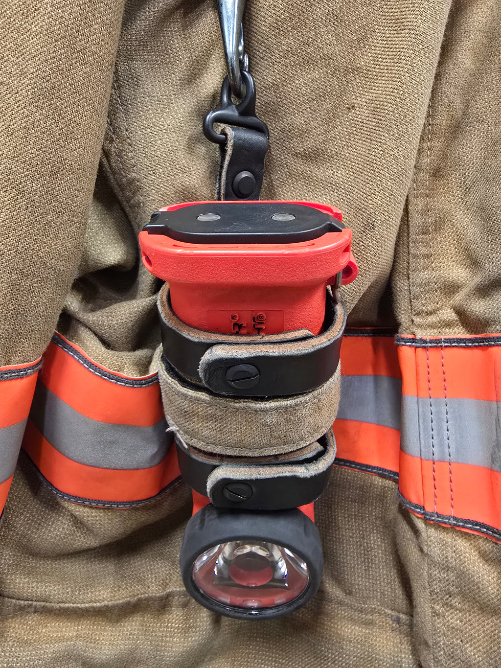 Leather inverted flashlight holder for firefighters, Chicago screw detail