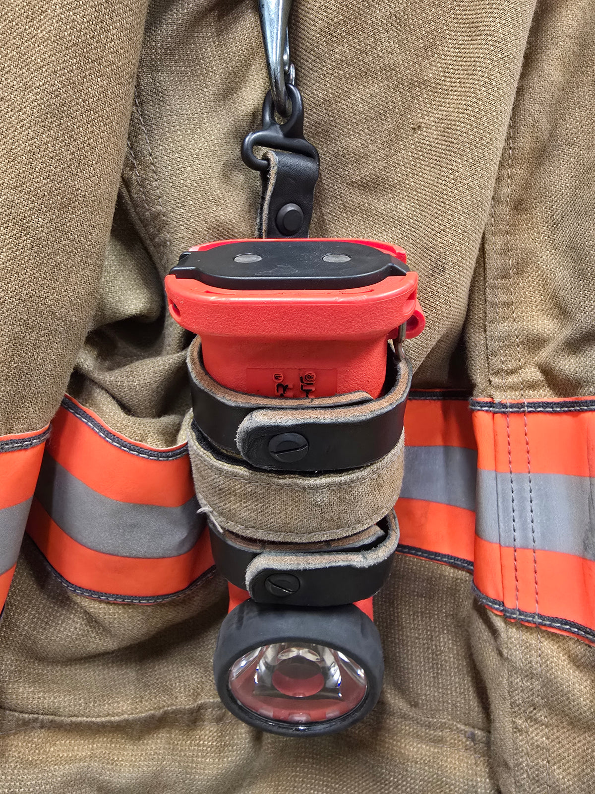 Leather inverted flashlight holder for firefighters, Chicago screw detail