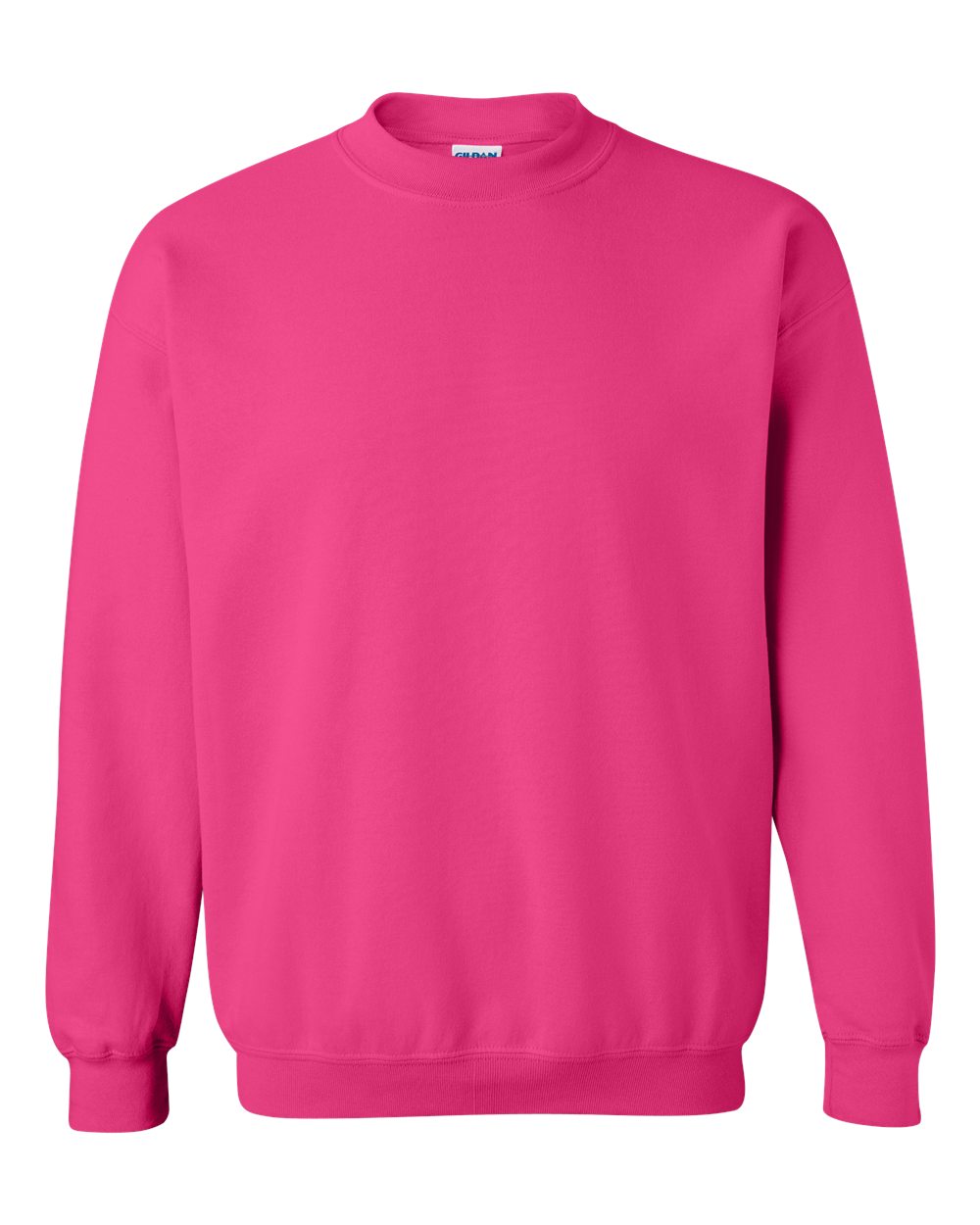 Custom Gildan 18000 Heavy Blend crewneck sweatshirt in Heliconia, front view, ready for personalized printing