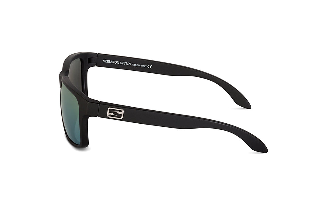 Decoy sunglasses in matte black with blue gun lens, side view