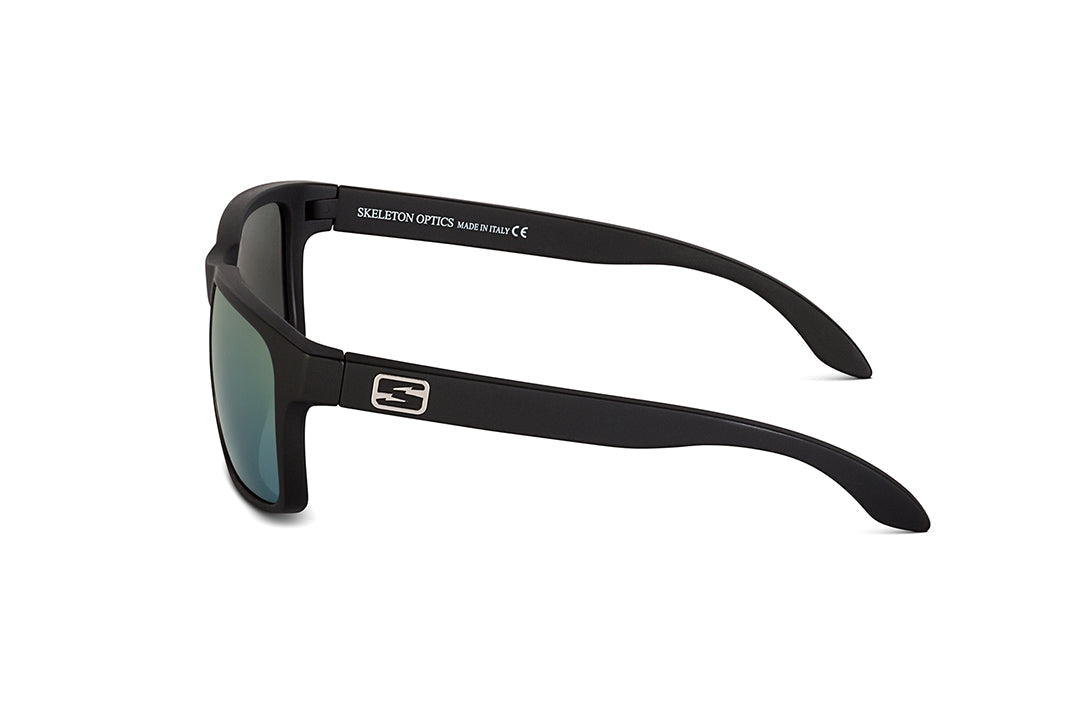 Decoy sunglasses in matte black with blue gun lens, side view