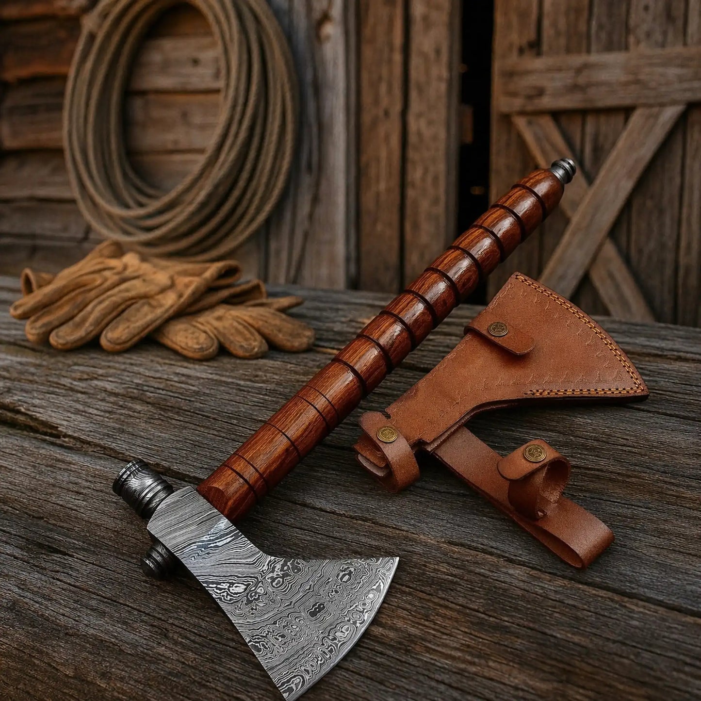 Custom Hand Forged Damascus Steel Smoking Pipe Tomahawk Axe – 18” Handmade Hatchet with Wooden Handle & Leather Sheath