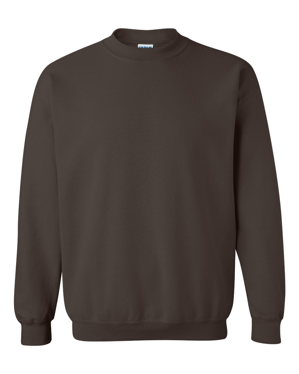 Custom Gildan 18000 Heavy Blend crewneck sweatshirt in Dark Chocolate, front view, ready for personalized printing