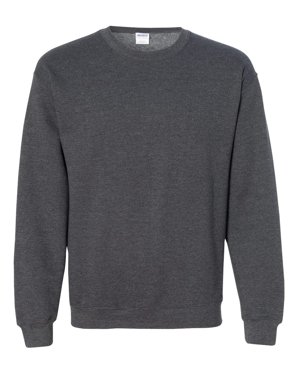 Custom Gildan 18000 Heavy Blend crewneck sweatshirt in Dark Heather, front view, ready for personalized printing