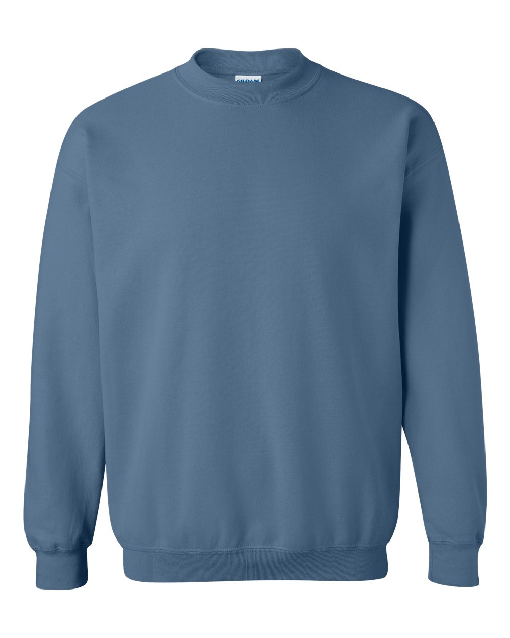 Custom Gildan 18000 Heavy Blend crewneck sweatshirt in Indigo Blue, front view, ready for personalized printing