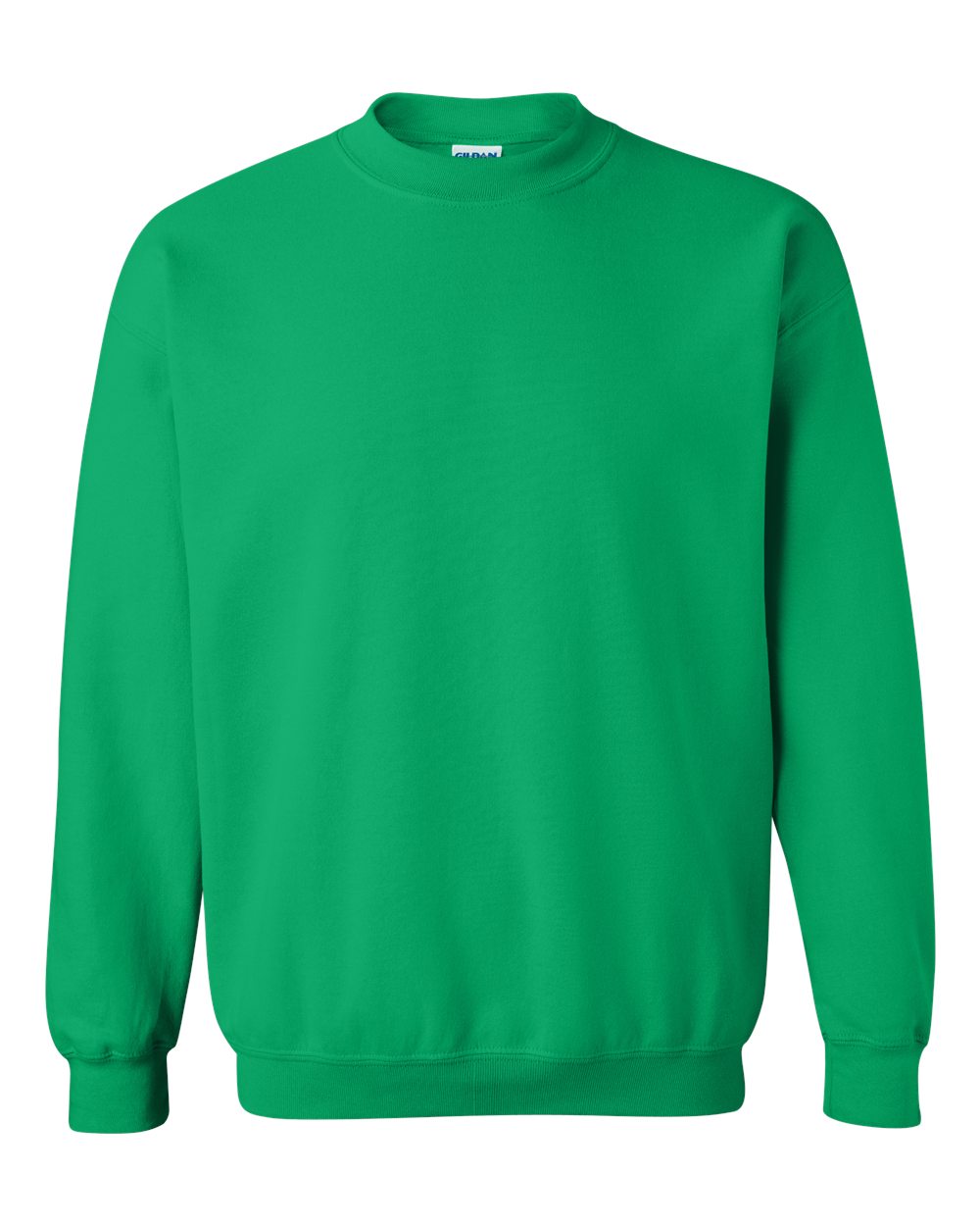 Custom Gildan 18000 Heavy Blend crewneck sweatshirt in Irish Green, front view, ready for personalized printing