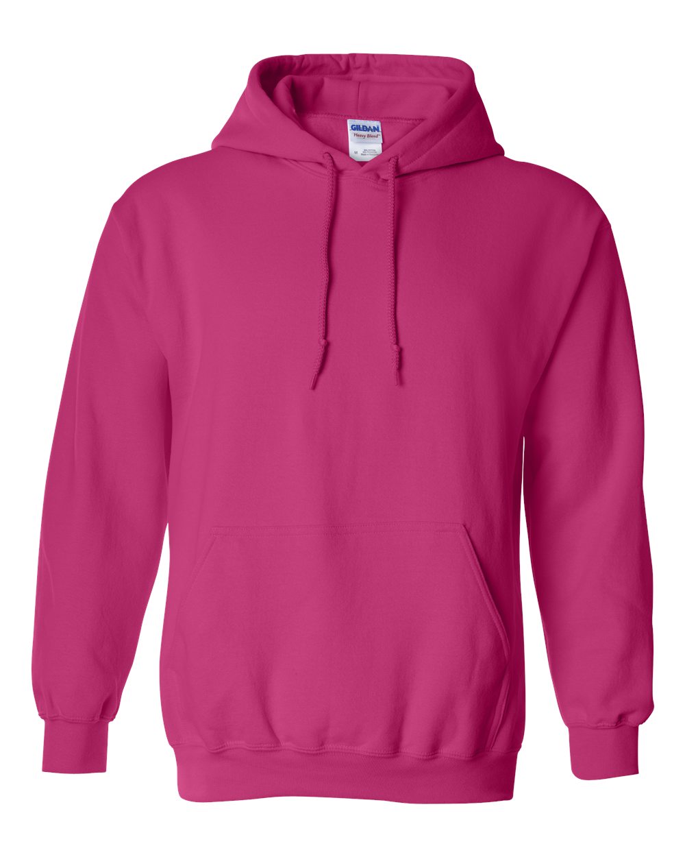 Custom Gildan 18500 Heavy Blend hooded sweatshirt in Heliconia, front view, ready for personalized printing