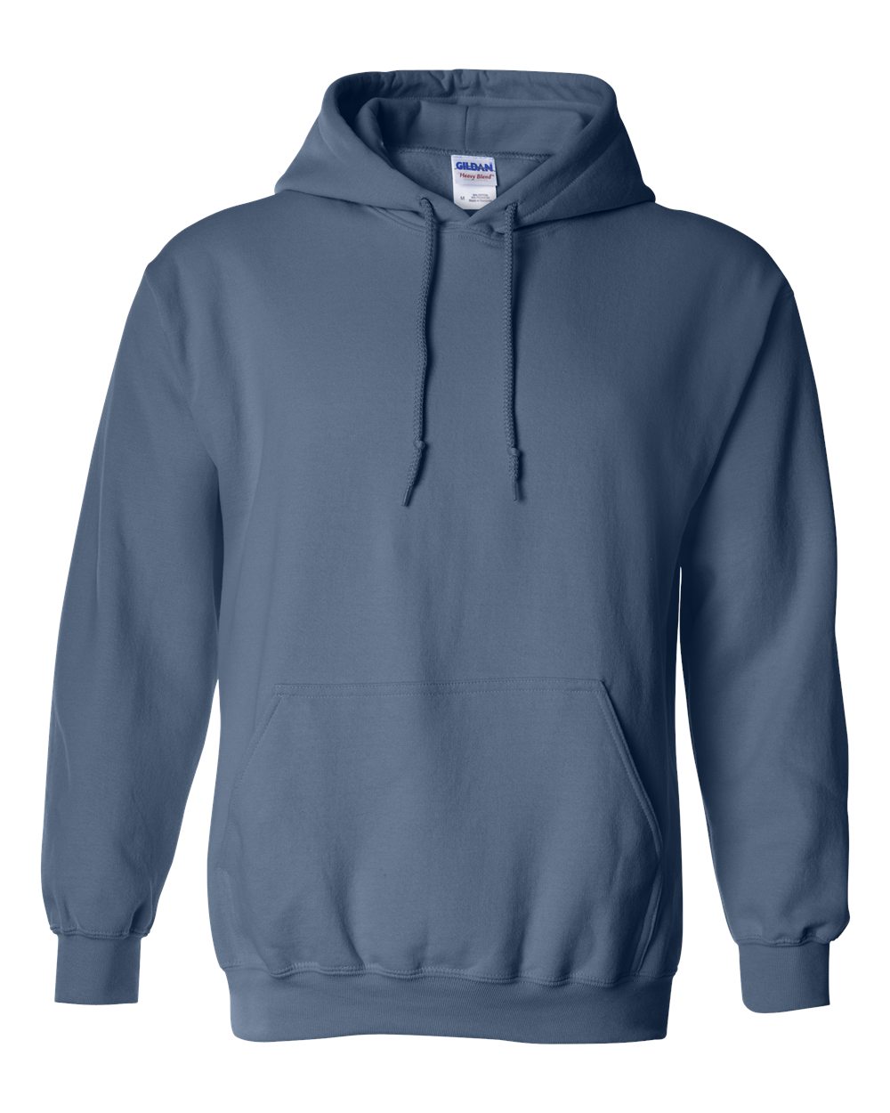 Custom Gildan 18500 Heavy Blend hooded sweatshirt in Indigo Blue, front view, ready for personalized printing