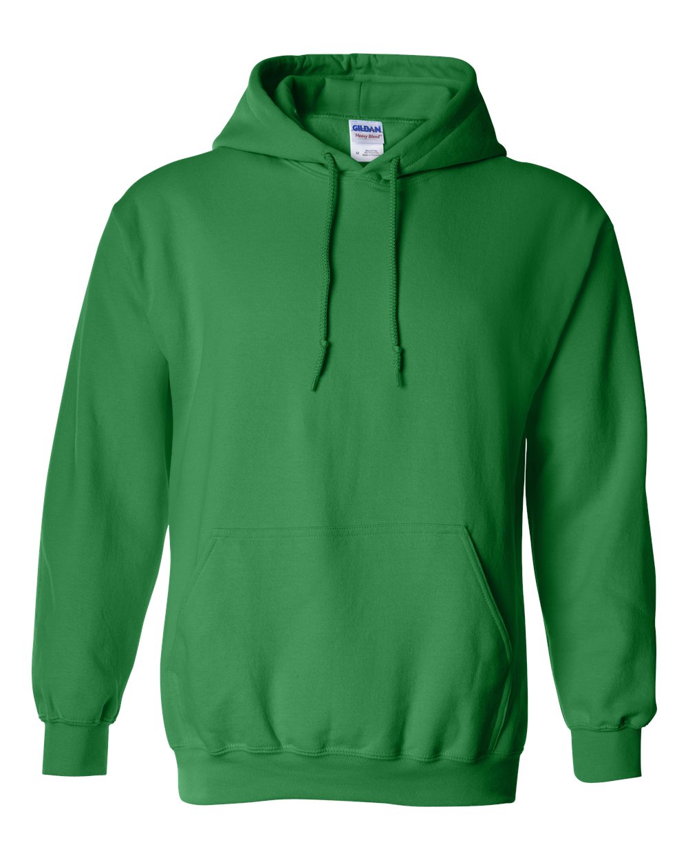 Custom Gildan 18500 Heavy Blend hooded sweatshirt in Irish Green, front view, ready for personalized printing