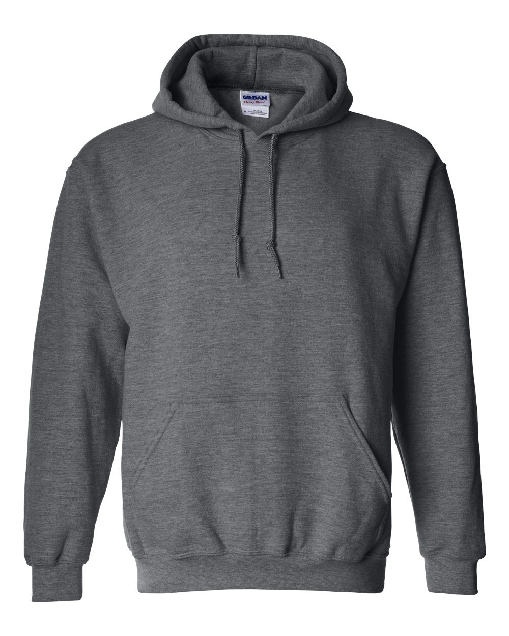 Custom Gildan 18500 Heavy Blend hooded sweatshirt in Dark Heather, front view, ready for personalized printing