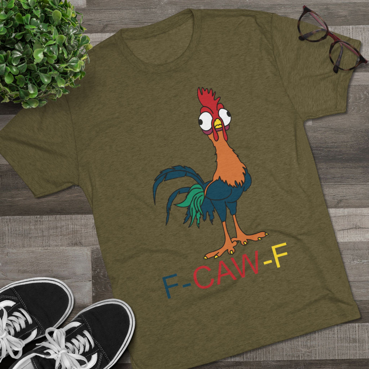 Rooster graphic novelty t-shirt, folded flat lay