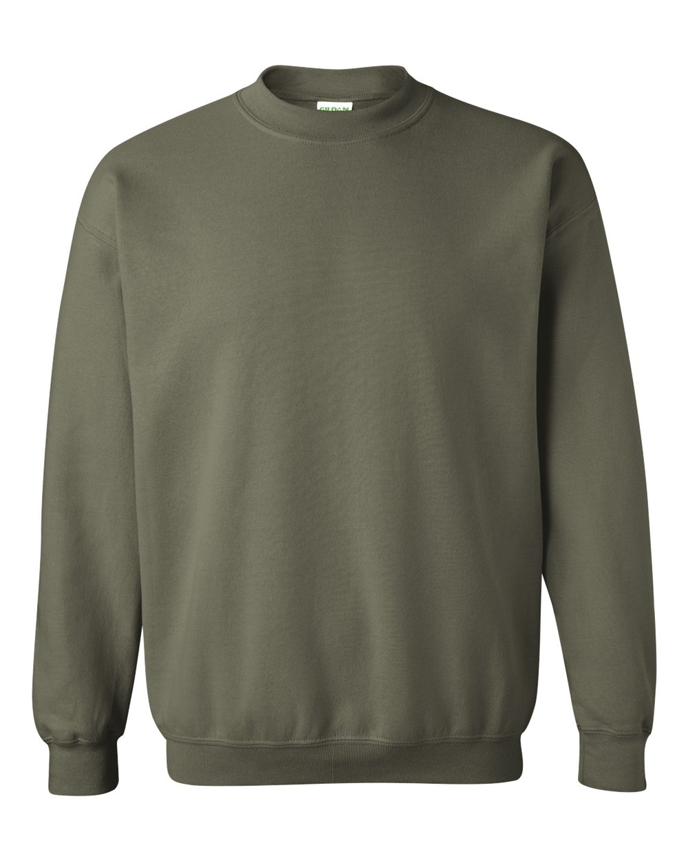 Custom Gildan 18000 Heavy Blend crewneck sweatshirt in Military Green, front view, ready for personalized printing