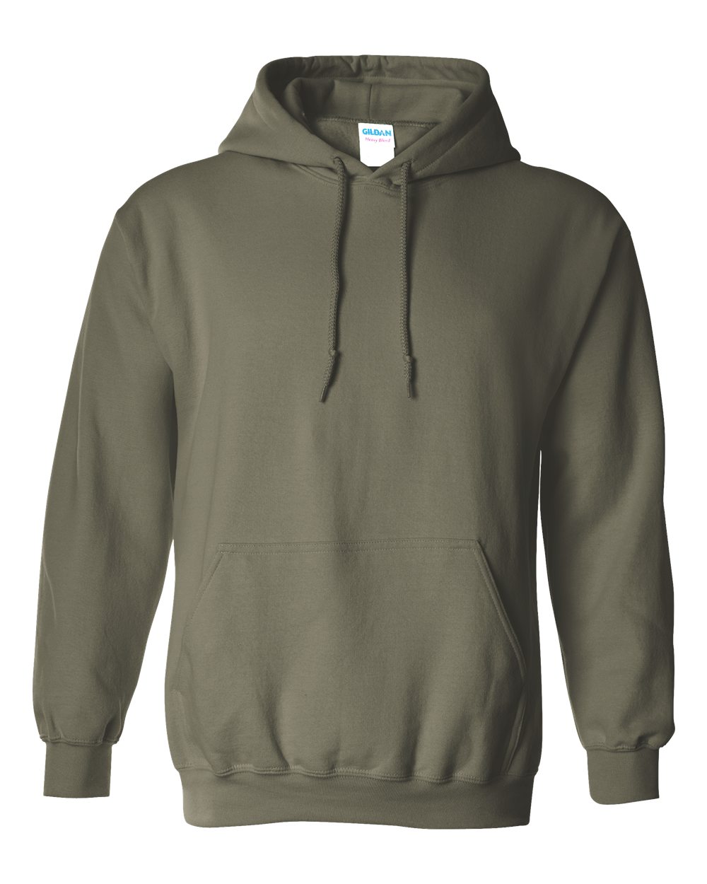 Custom Gildan 18500 Heavy Blend hooded sweatshirt in Military Green, front view, ready for personalized printing