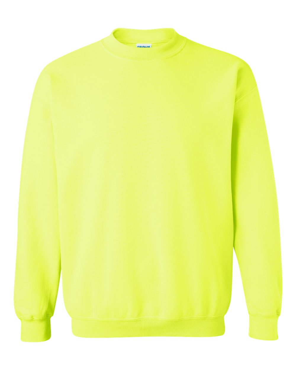 Custom Gildan 18000 Heavy Blend crewneck sweatshirt in Safety Green, front view, ready for personalized printing