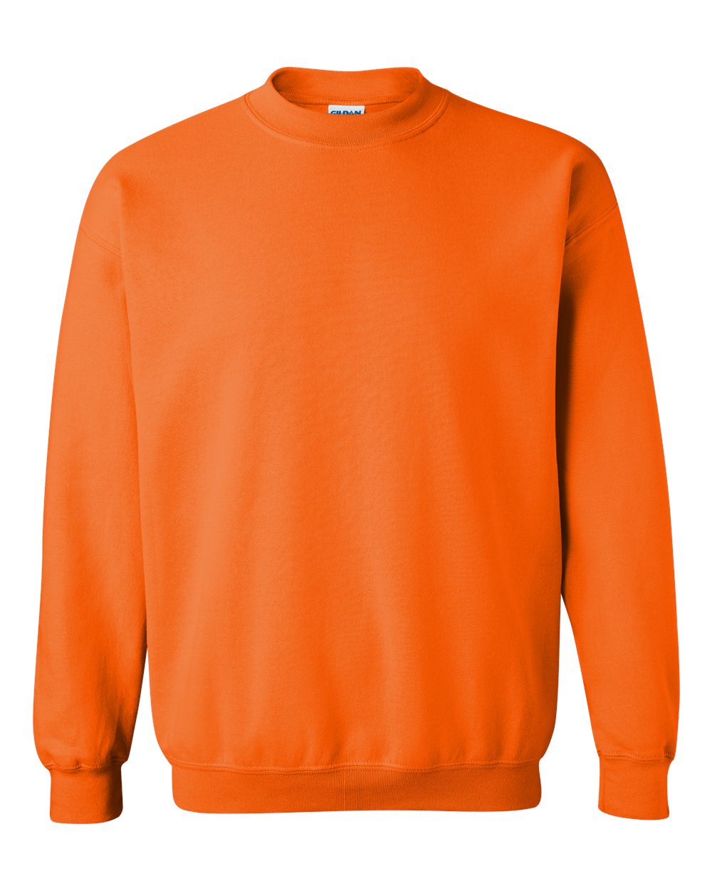 Custom Gildan 18000 Heavy Blend crewneck sweatshirt in Safety Orange, front view, ready for personalized printing
