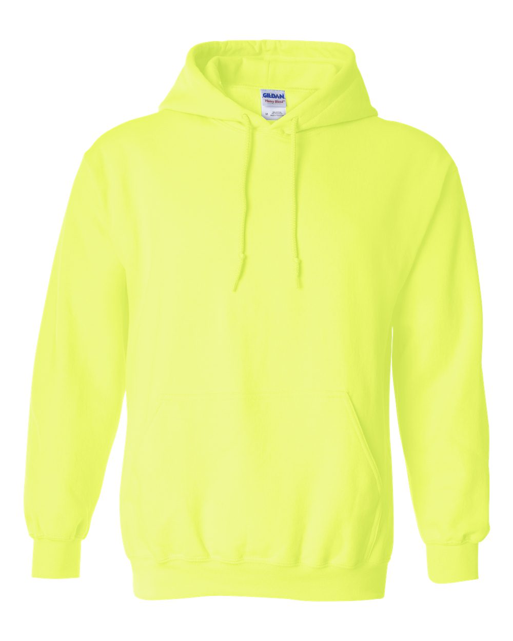 Custom Gildan 18500 Heavy Blend hooded sweatshirt in Safety Green, front view, ready for personalized printing