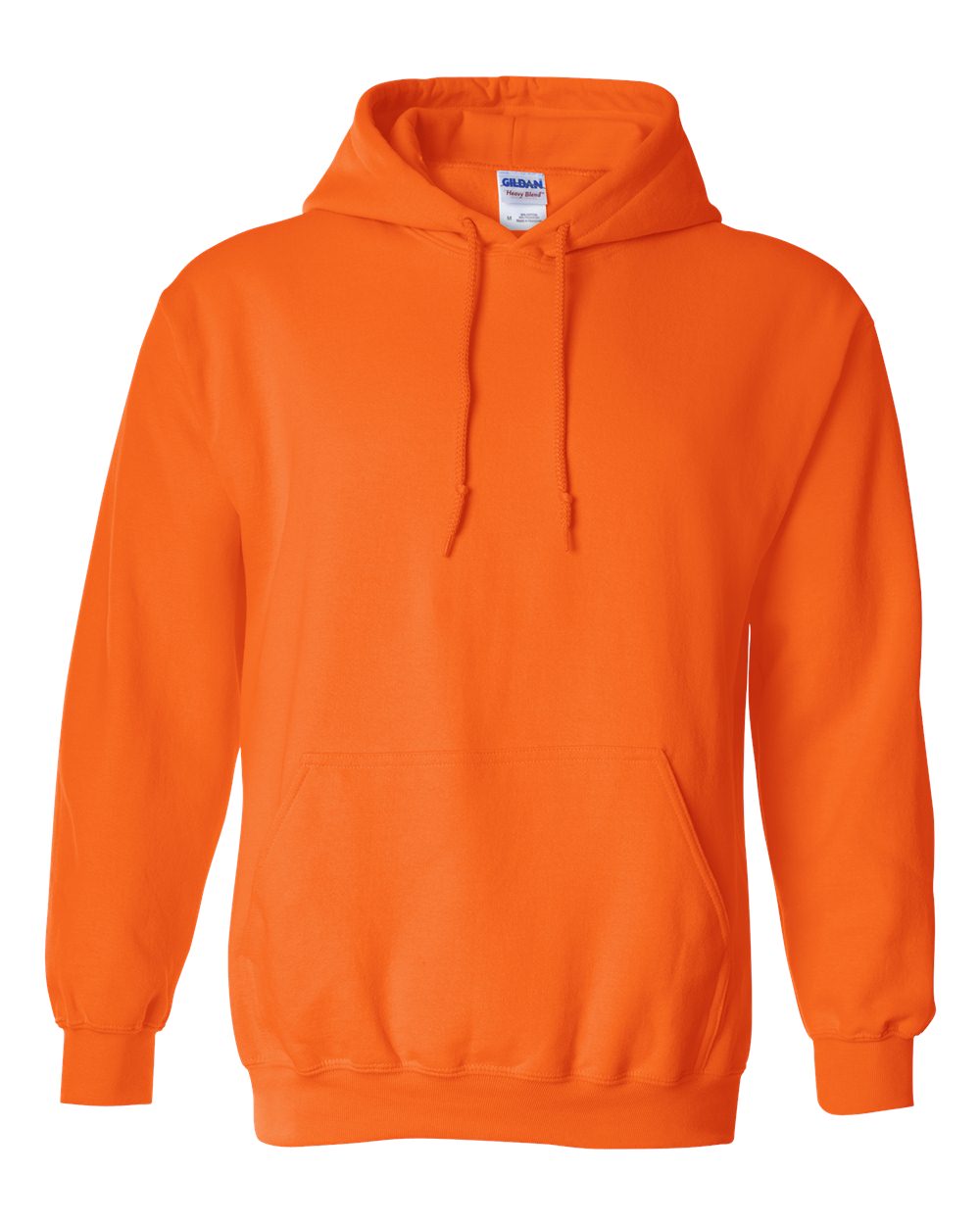 Custom Gildan 18500 Heavy Blend hooded sweatshirt in Safety Orange, front view, ready for personalized printing