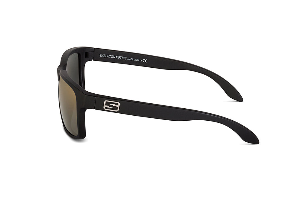 Decoy sunglasses in matte black with blue gun lens, case and packaging