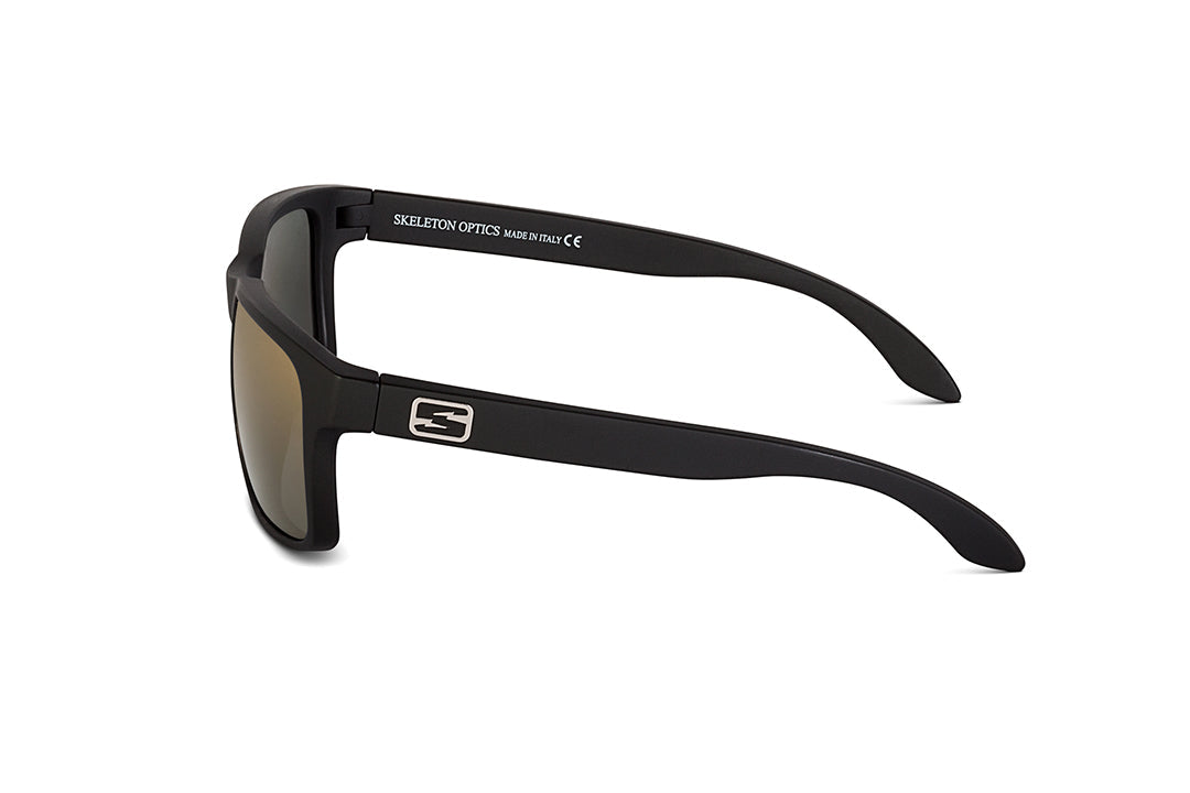 Decoy sunglasses in matte black with blue gun lens, case and packaging