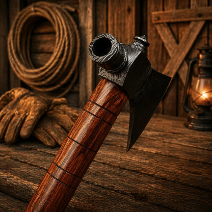 Custom Hand Forged Damascus Steel Smoking Pipe Tomahawk Axe – 18” Handmade Hatchet with Wooden Handle & Leather Sheath