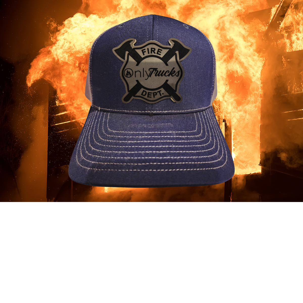 Firefighter-themed novelty trucker cap, OnlyTrucks patch