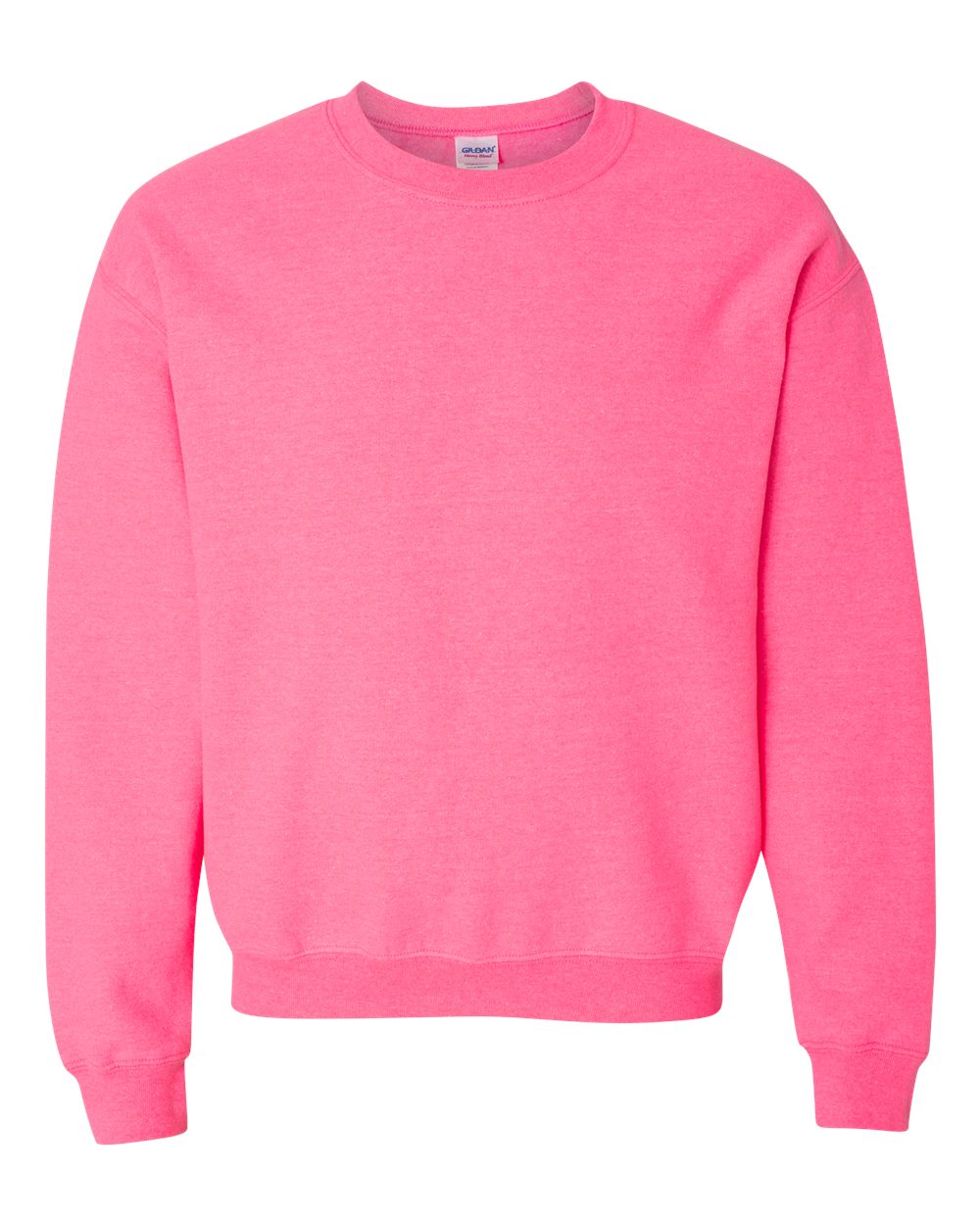Custom Gildan 18000 Heavy Blend crewneck sweatshirt in Safety Pink, front view, ready for personalized printing
