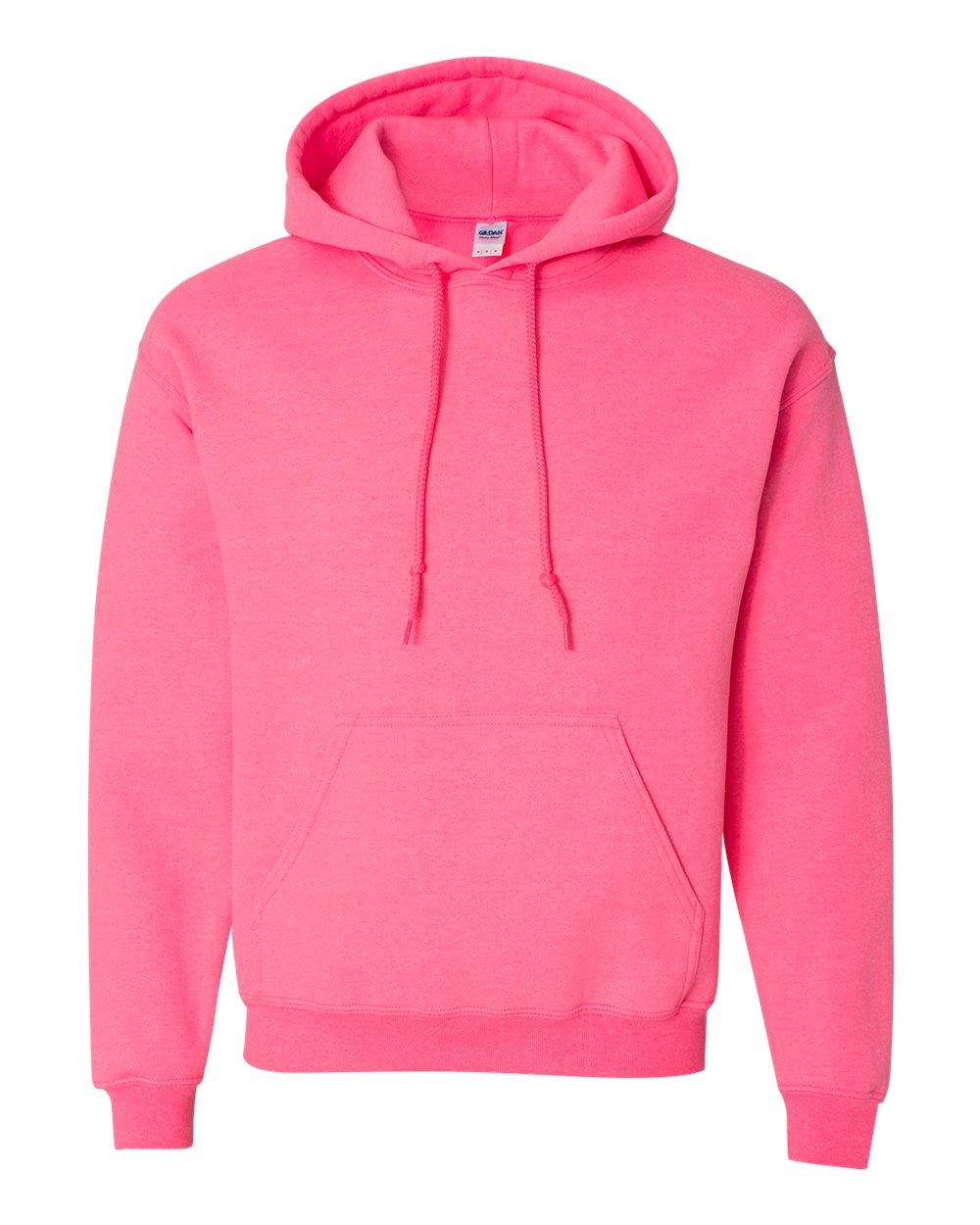 Custom Gildan 18500 Heavy Blend hooded sweatshirt in Safety Pink, front view, ready for personalized printing