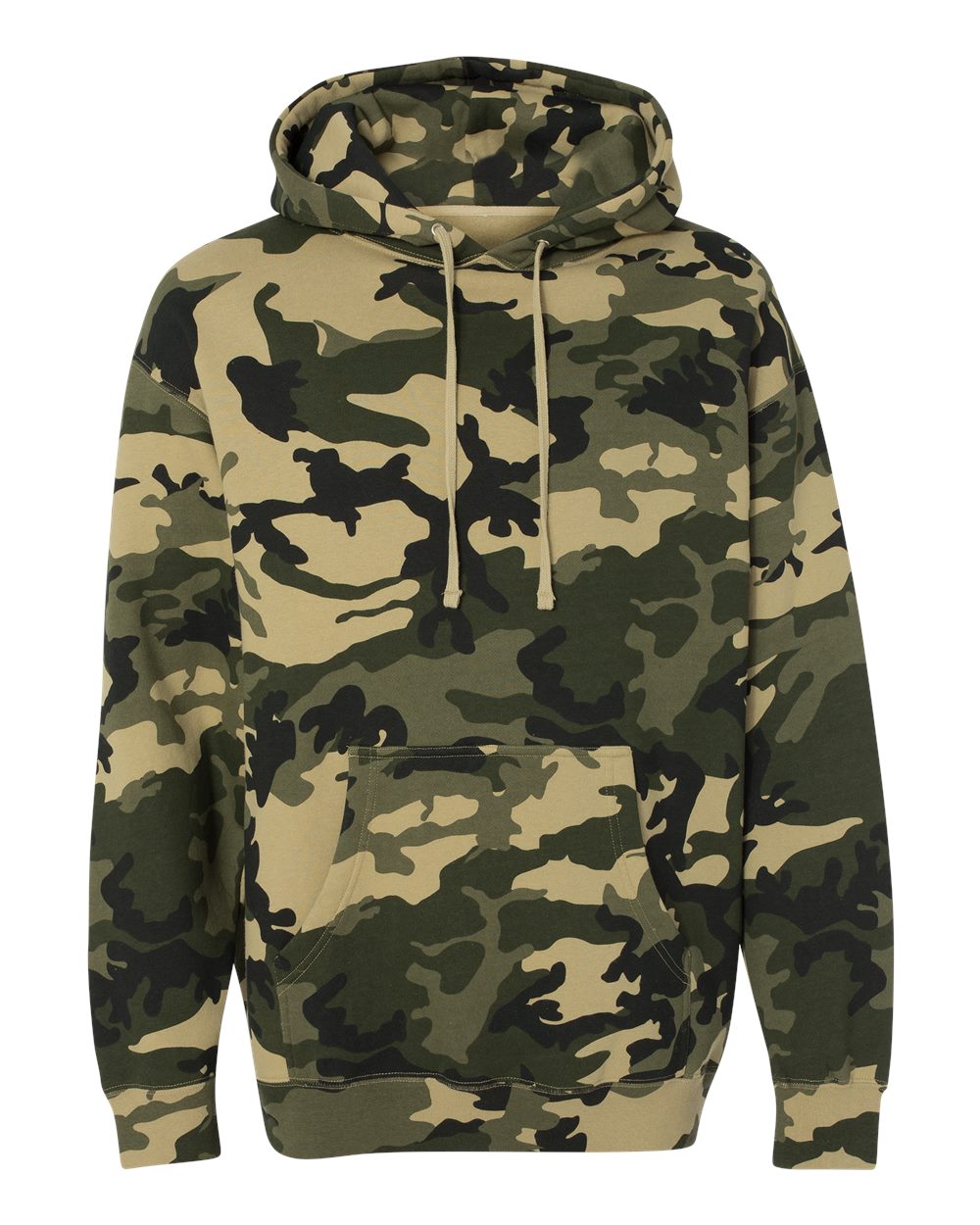 Custom Independent Trading Co. IND4000 heavyweight hooded sweatshirt in Army Camo, front view, ready for personalized printing