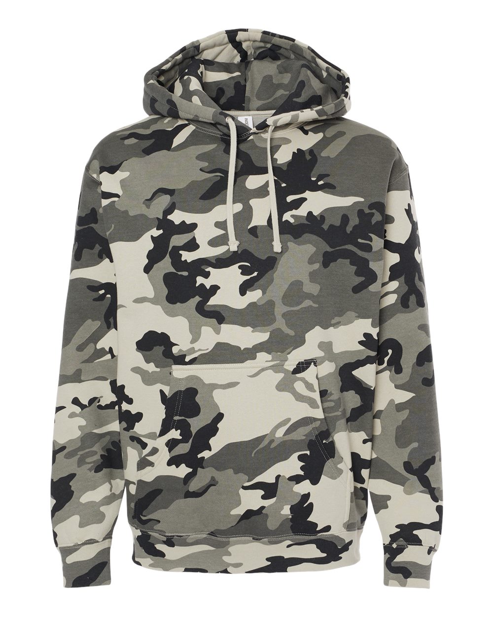 Custom Independent Trading Co. IND4000 heavyweight hooded sweatshirt in Snow Camo, front view, ready for personalized printing