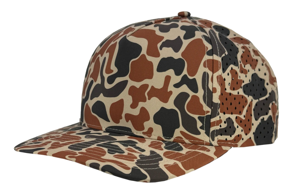 Custom Zapped Headwear Blackhawk 5-Panel Snapback Hat in Burnt Orange Old School Camo, ready for personalized logo or design