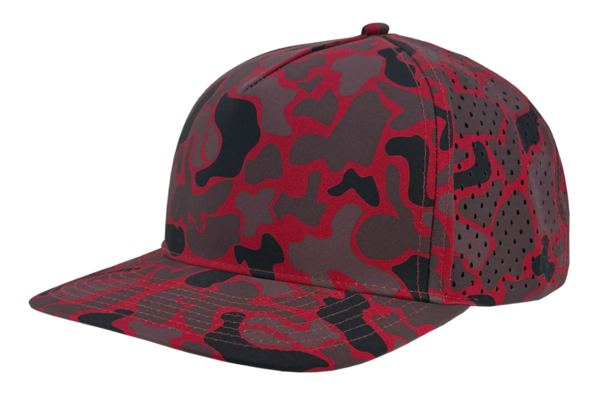 Custom Zapped Headwear Blackhawk 5-Panel Snapback Hat in University Red Old School Camo, ready for personalized logo or design