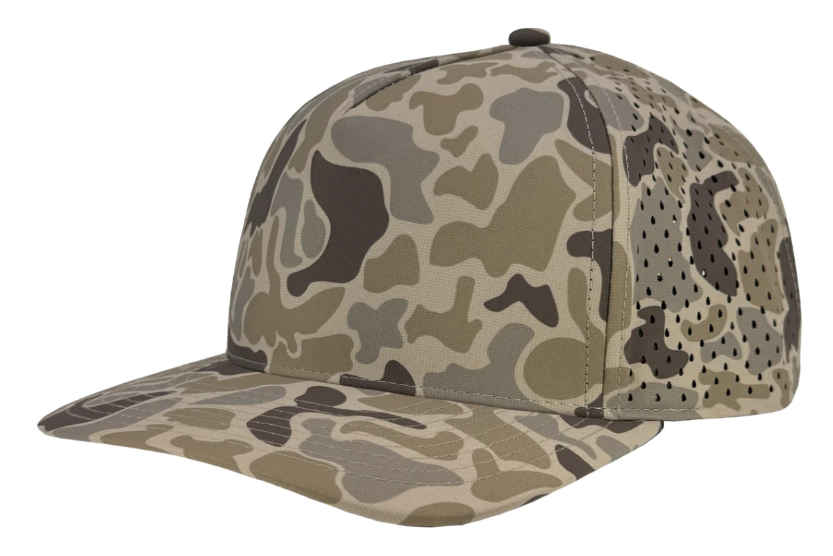 Custom Zapped Headwear Blackhawk 5-Panel Snapback Hat in Desert Old School Camo, ready for personalized logo or design