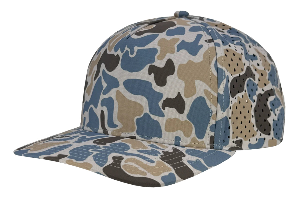 Custom Zapped Headwear Blackhawk 5-Panel Snapback Hat in Land & Sea Old School Camo, ready for personalized logo or design
