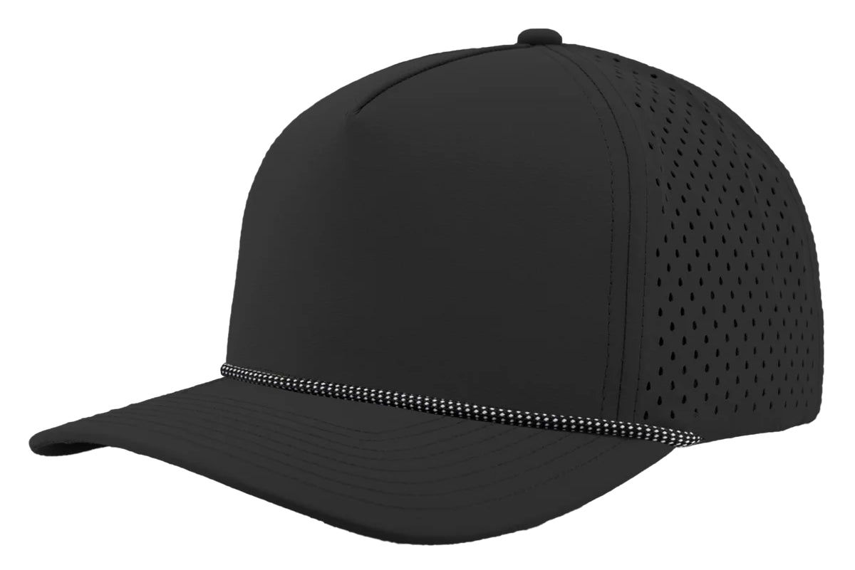 Custom Zapped Headwear Blackhawk R+ Rope Snapback Hat in Black/White Grid Rope, ready for personalized logo or design