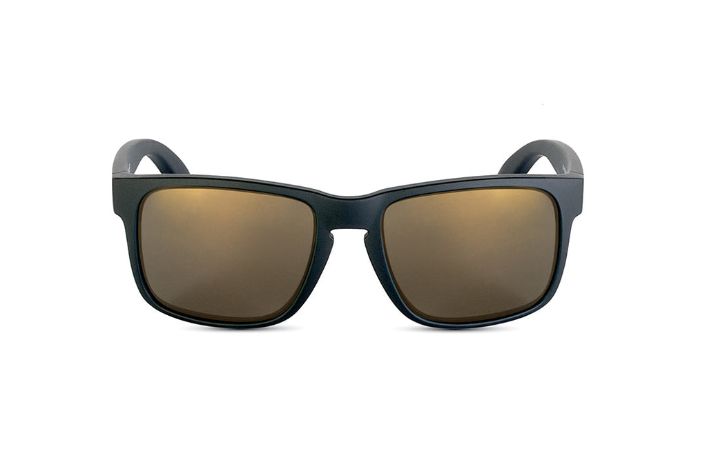 Decoy sunglasses in matte black with blue gun lens, back view