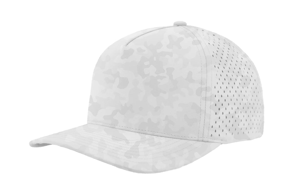 Custom Zapped Headwear Blackhawk 5-Panel Snapback Hat in Snow Camo, ready for personalized logo or design