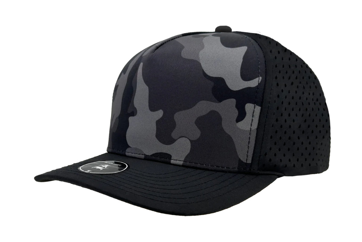 Custom Zapped Headwear Blackhawk 5-Panel Snapback Hat in Black Camo, ready for personalized logo or design