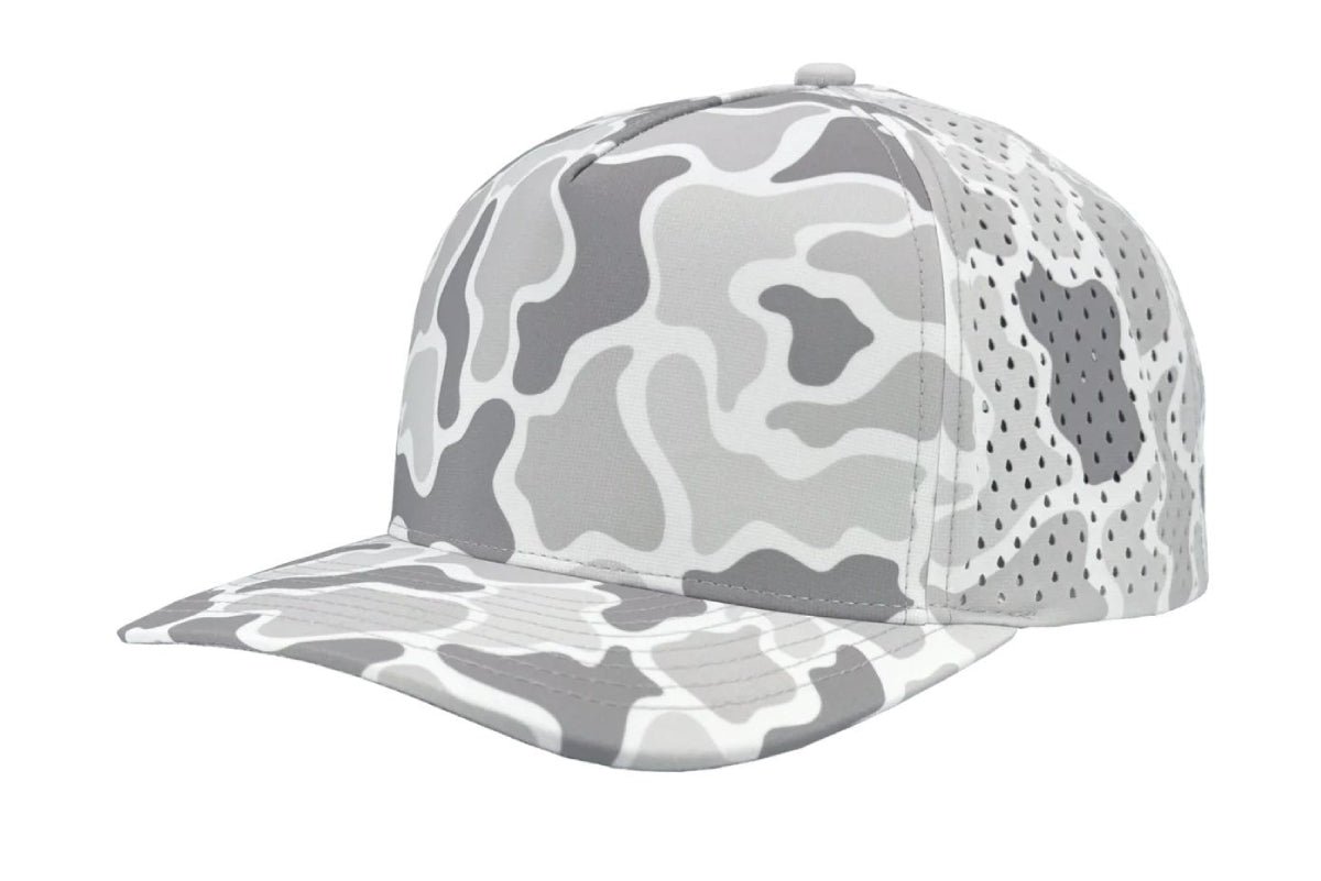 Custom Zapped Headwear Blackhawk 5-Panel Snapback Hat in Old School Snow Camo, ready for personalized logo or design
