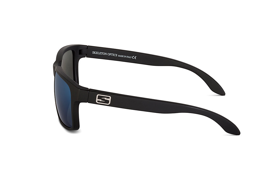Decoy sunglasses in matte black with blue gun lens, lens detail