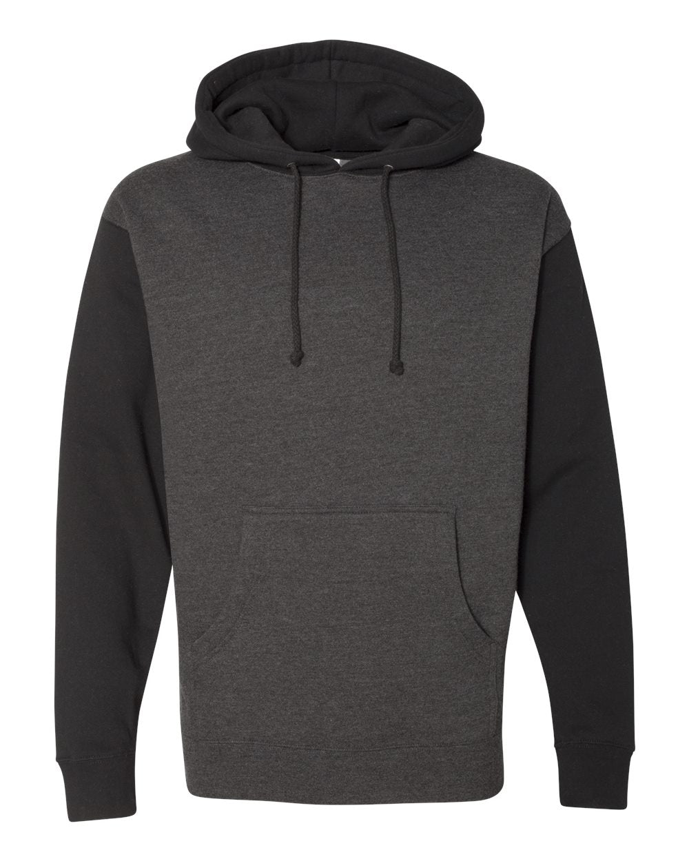 Custom Independent Trading Co. IND4000 heavyweight hooded sweatshirt in Charcoal Heather/Black, front view, ready for personalized printing