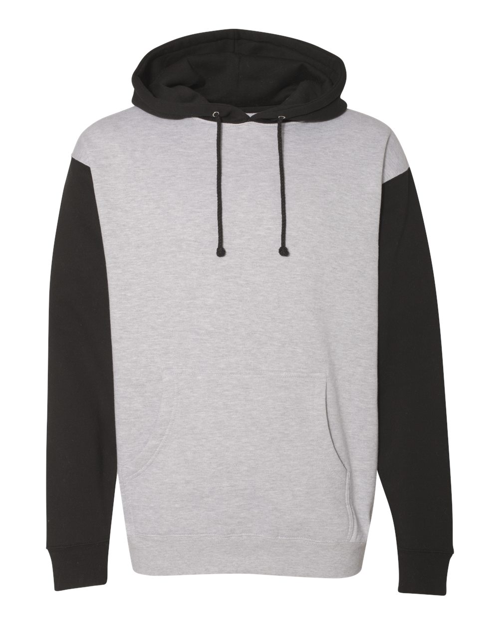 Custom Independent Trading Co. IND4000 heavyweight hooded sweatshirt in Grey Heather/Black, front view, ready for personalized printing