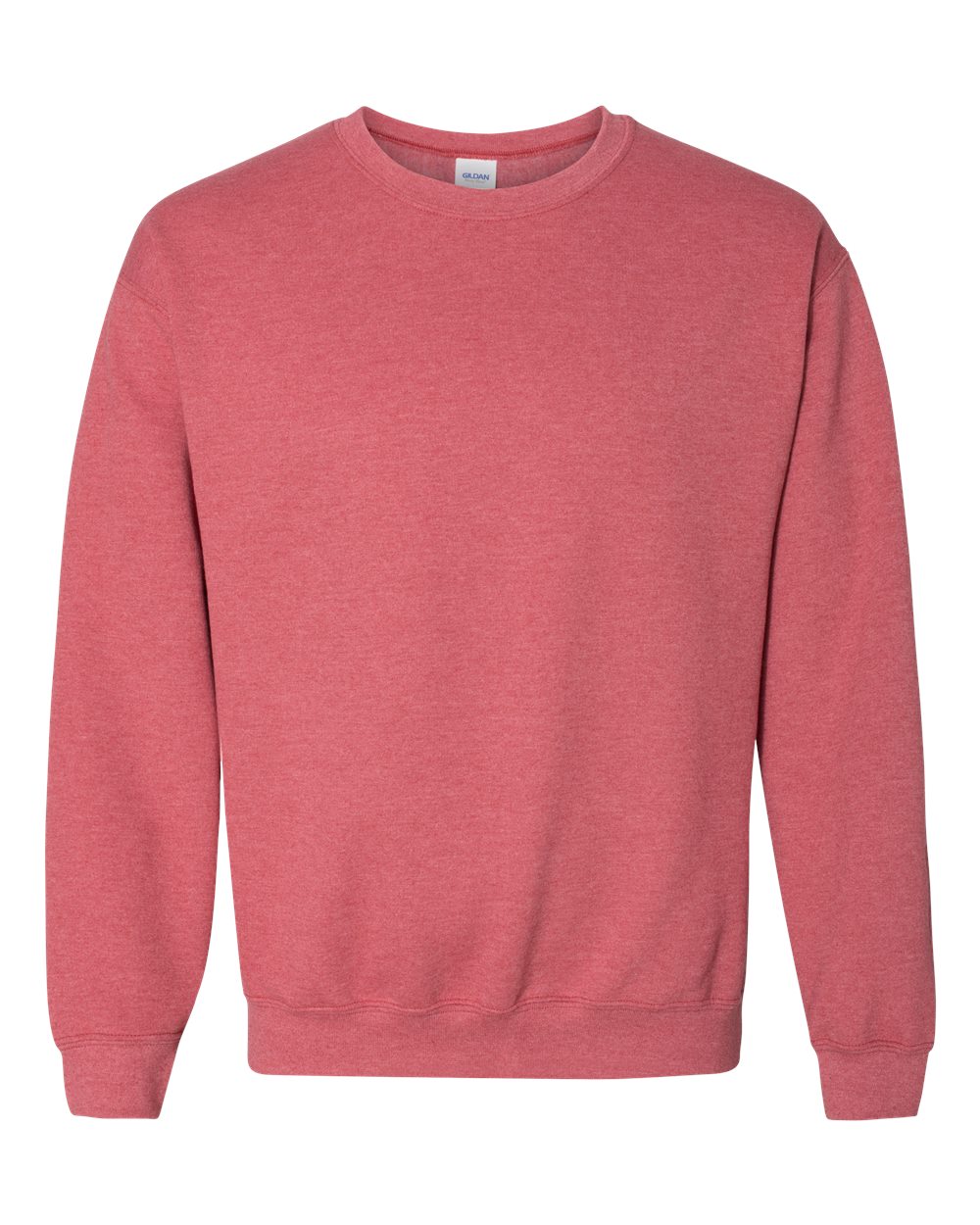 Custom Gildan 18000 Heavy Blend crewneck sweatshirt in Heather Scarlet Red, front view, ready for personalized printing