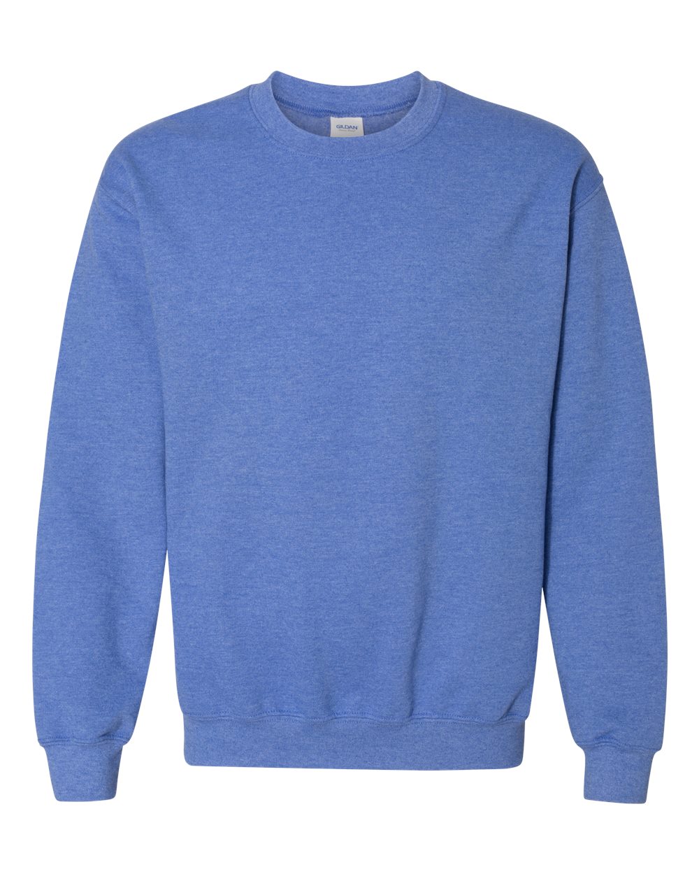 Custom Gildan 18000 Heavy Blend crewneck sweatshirt in Heather Deep Royal, front view, ready for personalized printing
