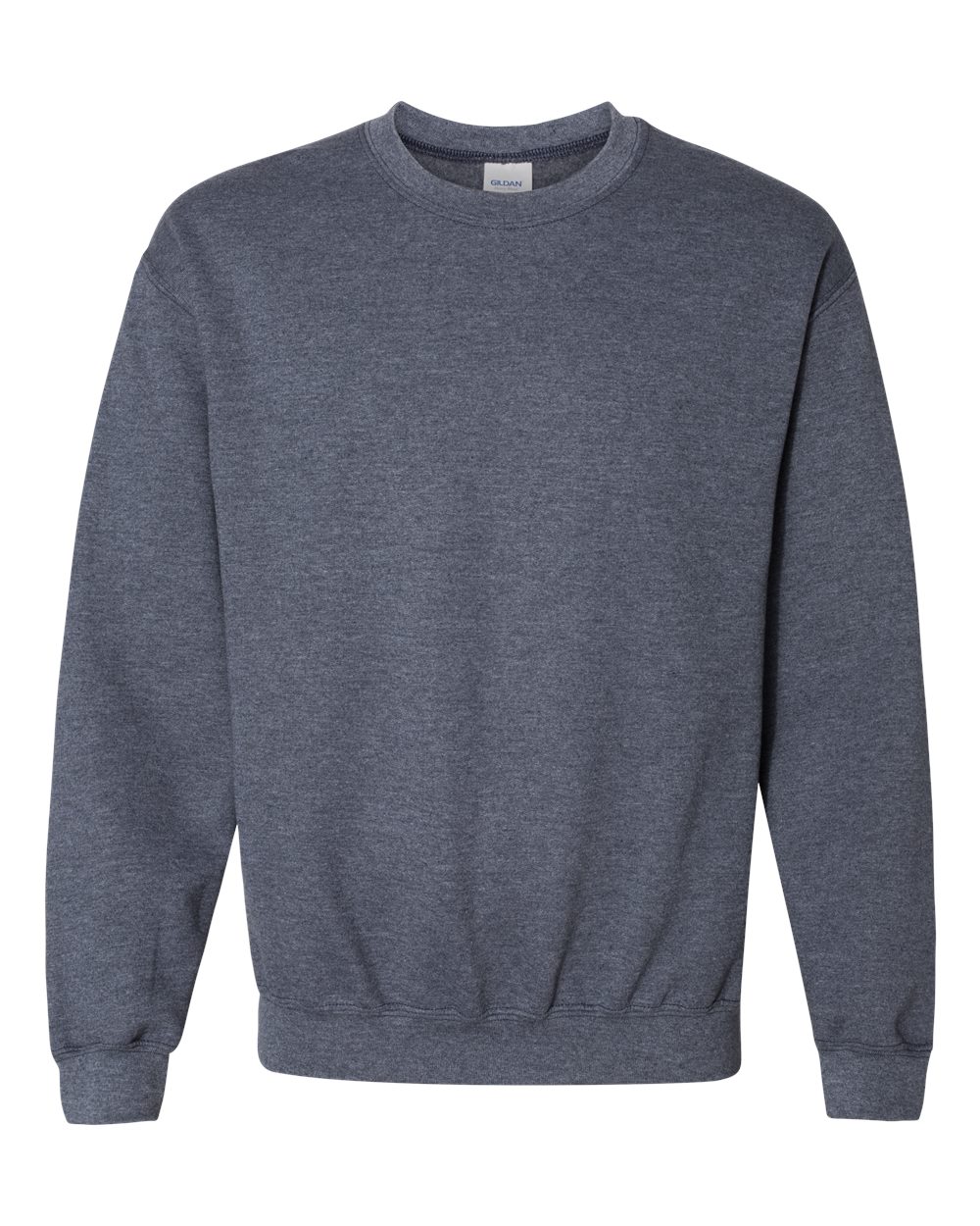 Custom Gildan 18000 Heavy Blend crewneck sweatshirt in Heather Dark Navy, front view, ready for personalized printing