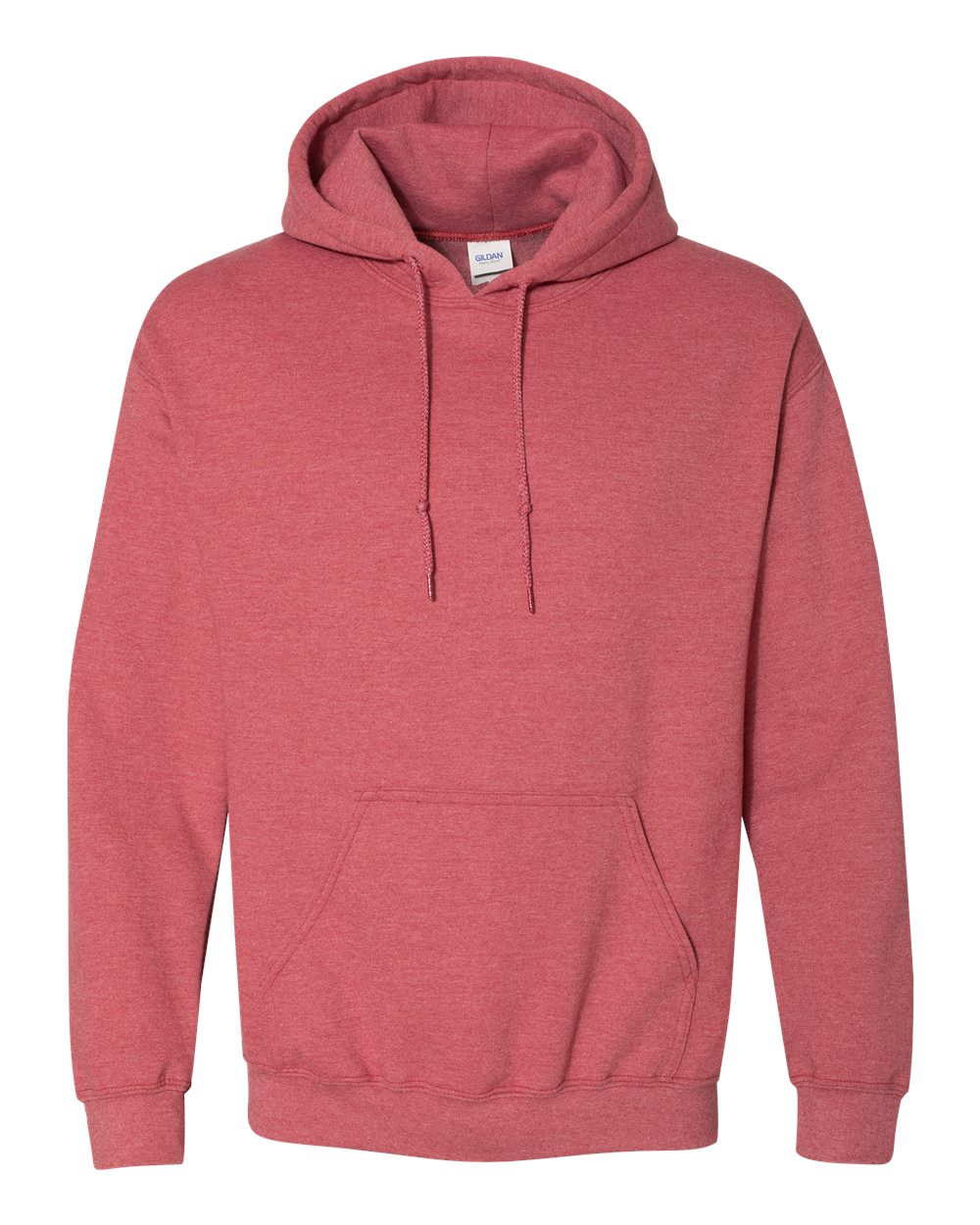 Custom Gildan 18500 Heavy Blend hooded sweatshirt in Heather Scarlet Red, front view, ready for personalized printing
