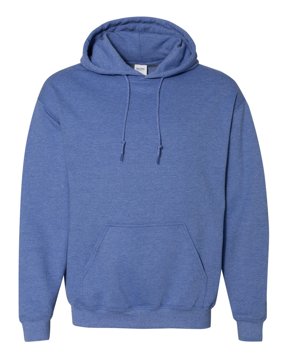 Custom Gildan 18500 Heavy Blend hooded sweatshirt in Heather Deep Royal, front view, ready for personalized printing