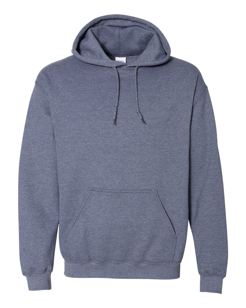 Custom Gildan 18500 Heavy Blend hooded sweatshirt in Heather Dark Navy, front view, ready for personalized printing